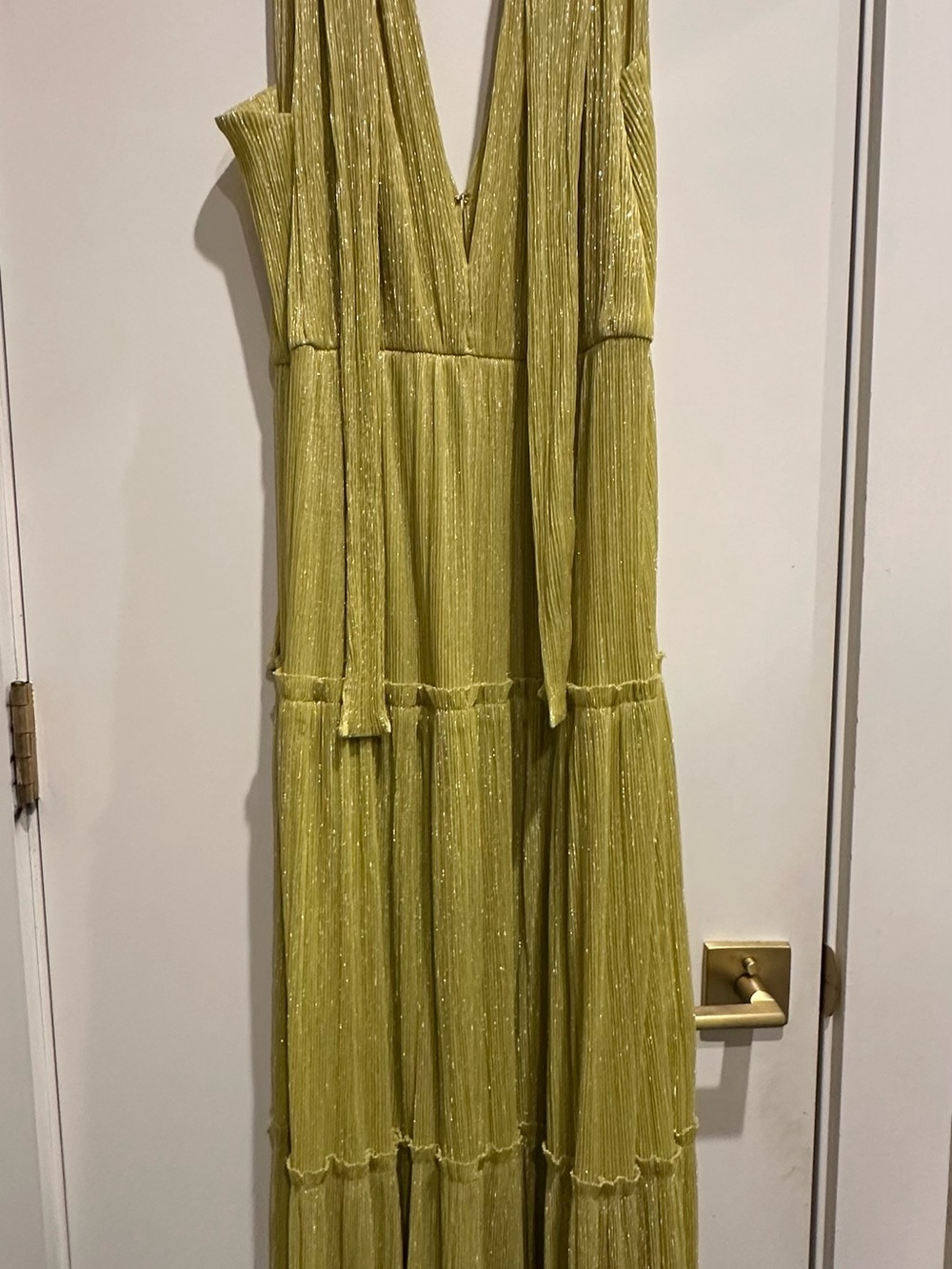 Sabina Musayev Metallic Lime V-Neck Tiered Maxi Dress